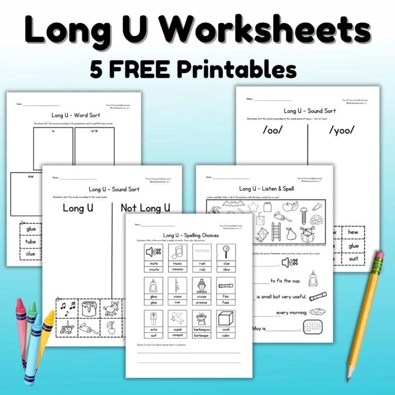 Long "u" sound worksheet for second graders focusing on vowel recognition and spelling