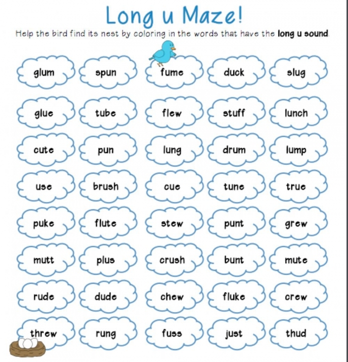 Long "u" sound worksheet for second graders focusing on vowel patterns