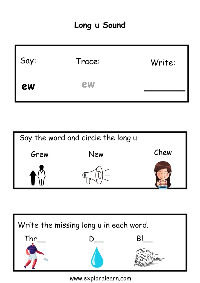 Long "u" sound worksheet designed for second graders to practice vowel patterns