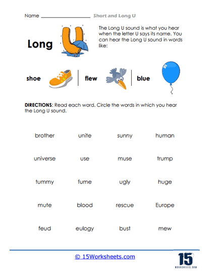 Long "u" Sound worksheet for second graders to practice vowel recognition and spelling