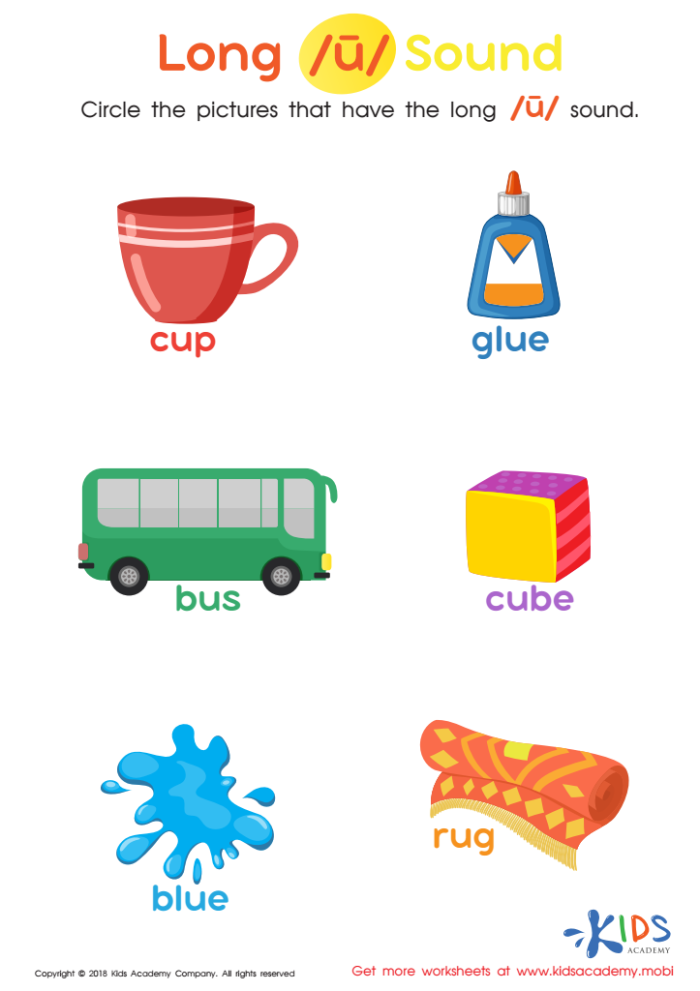 Long "u" Sound worksheet for second graders focusing on vowel recognition
