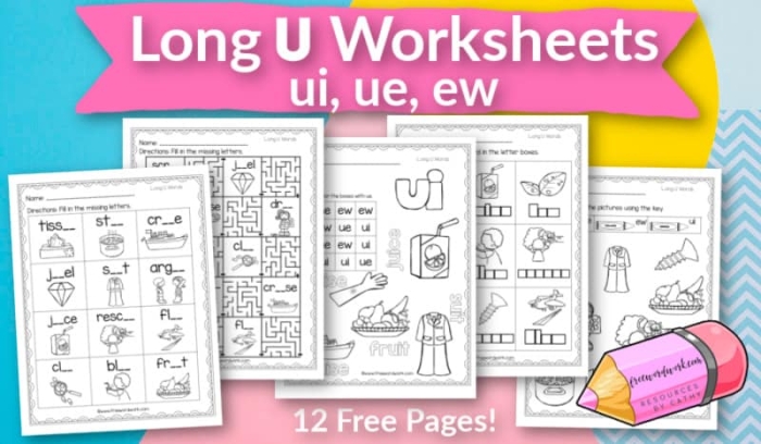 Long "u" sound worksheet designed for second graders learning vowel patterns