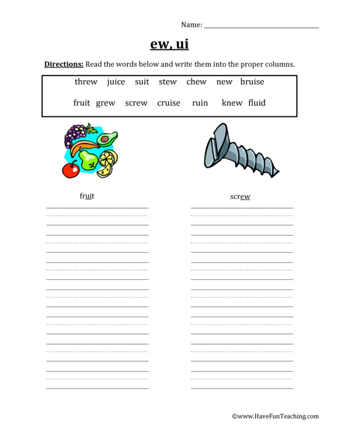 Fourth grade worksheet for sorting long U words with ui ew and ue spelling patterns