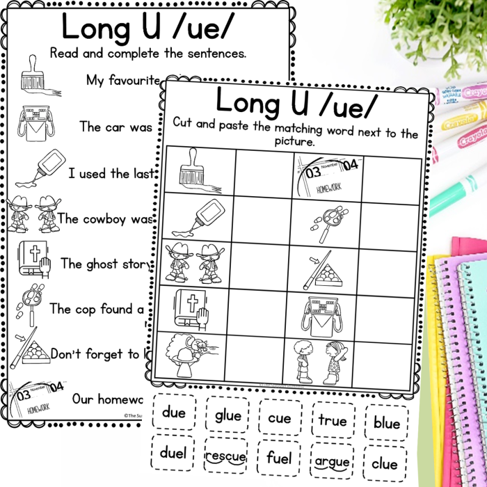 Fourth grade long U vowel teams worksheet showing ui ew and ue word patterns with civics themed exercises