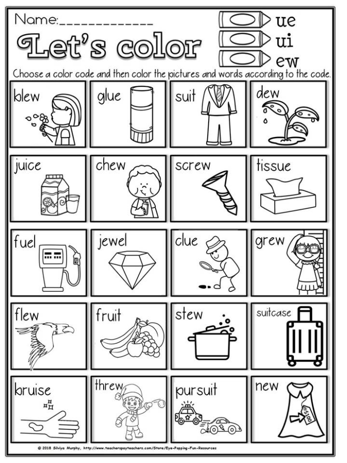 Fourth grade students practice sorting words with long U vowel teams ui ew and ue sounds on a phonics worksheet