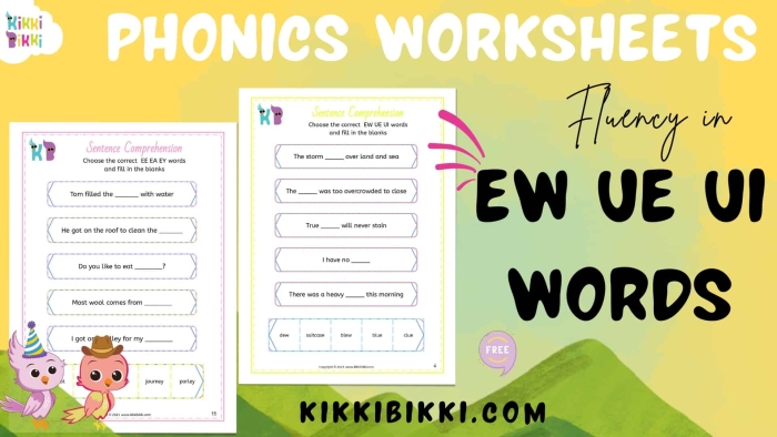 Fourth grade phonics worksheet focused on categorizing words with the long U vowel teams ui ew and ue