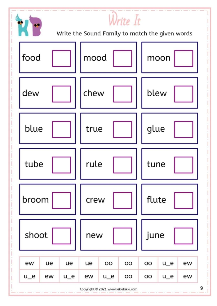 Fourth grade students sorting words with long U vowel teams ui ew and ue sounds on a phonics worksheet