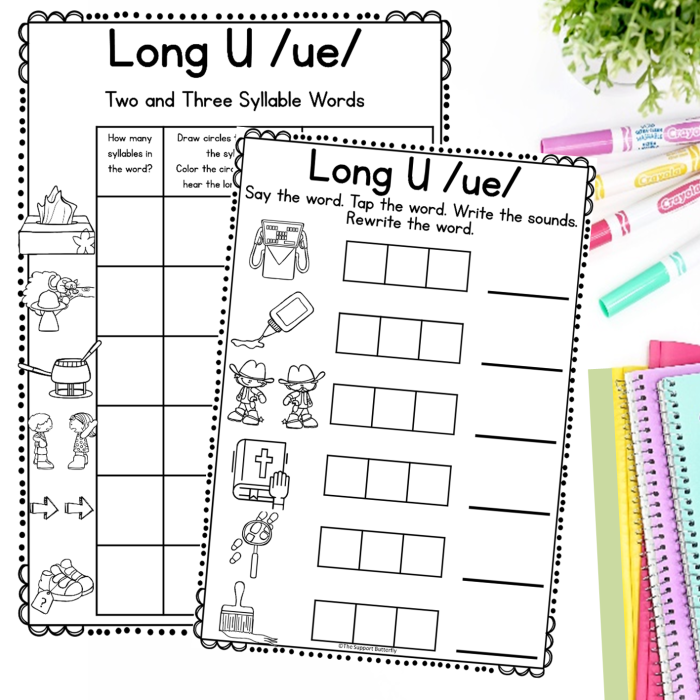 Fourth grade worksheet showing a search and sort activity for words with long U vowel teams ui ew and ue