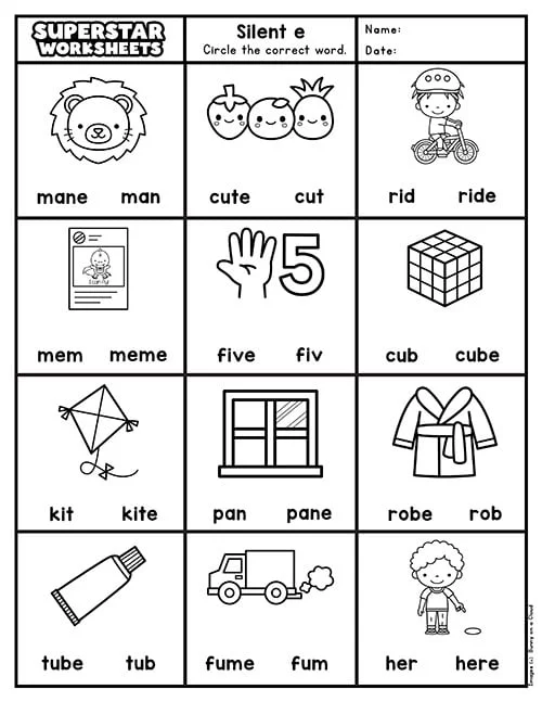 Silent e worksheet for kindergarten focusing on phonics and long vowel sounds