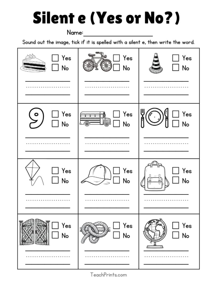 Kindergarten student working on a Silent e phonics worksheet to practice long vowel sounds