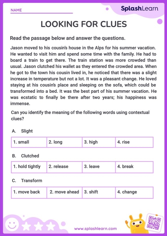 Worksheet featuring fourth graders using context clues to learn word meanings