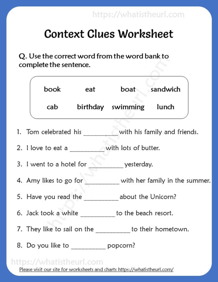 Worksheet featuring fourth-grade students using context clues to determine word meanings