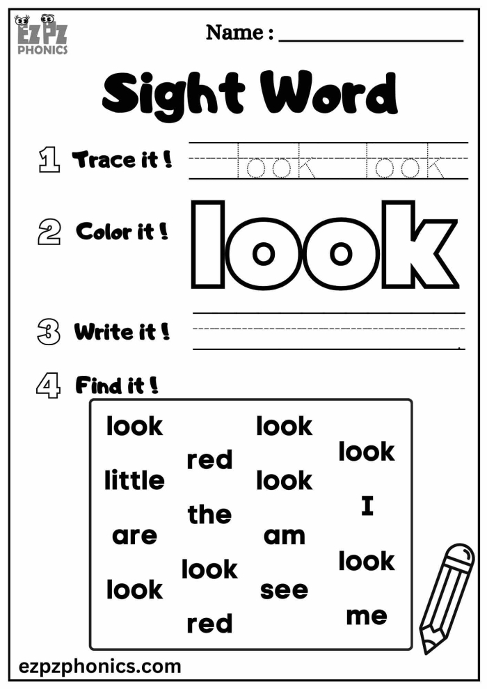 A pre-k worksheet featuring the word look decorated with animal features for a creative sight word art activity