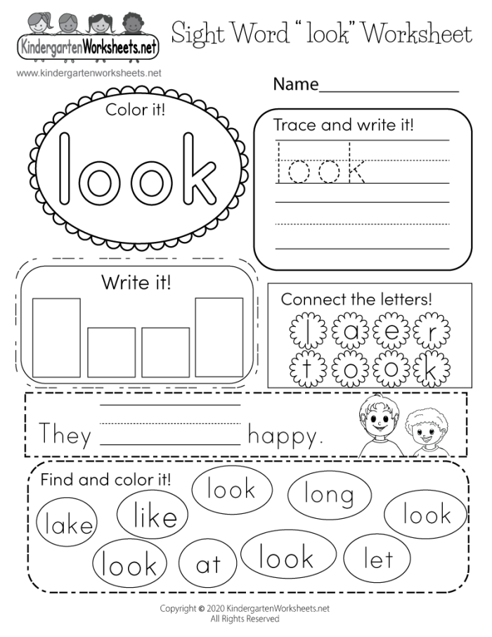 Colorful worksheet activity featuring the sight word "look" adorned with fun animal parts for Pre-K kids