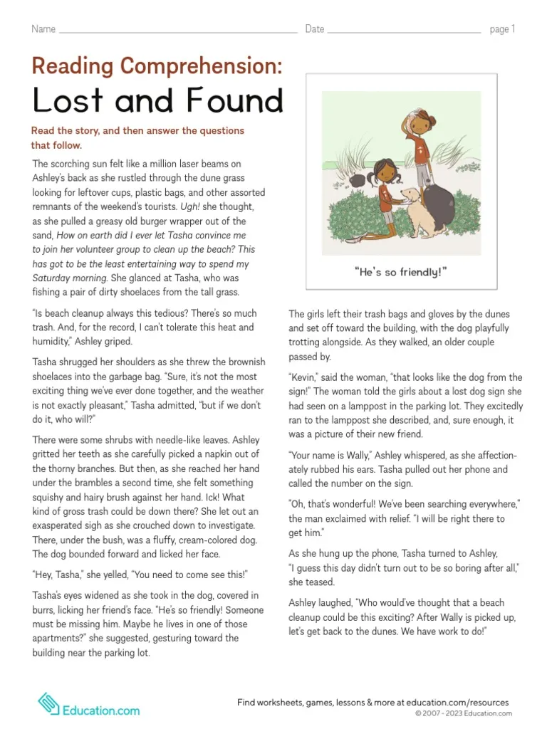 Reading Comprehension Lost and Found Worksheet for Seventh Grade Students Seventh grade student reading a Lost and Found fiction story worksheet with vocabulary exercises