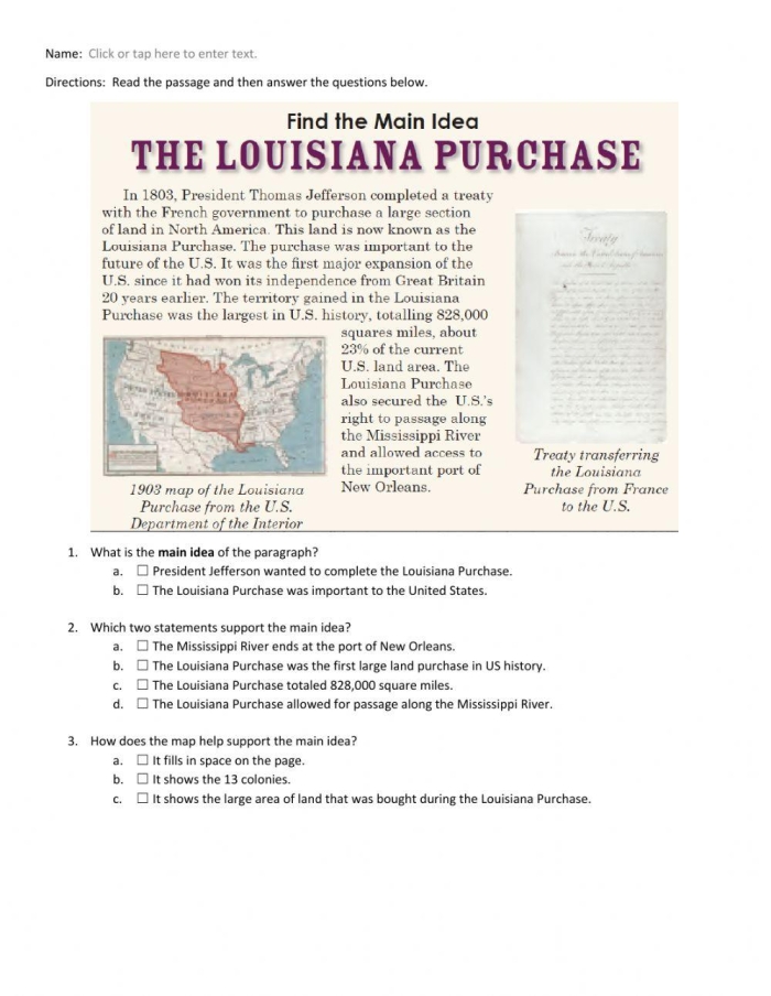 Louisiana Purchase worksheet for fourth graders focusing on multiplication skills