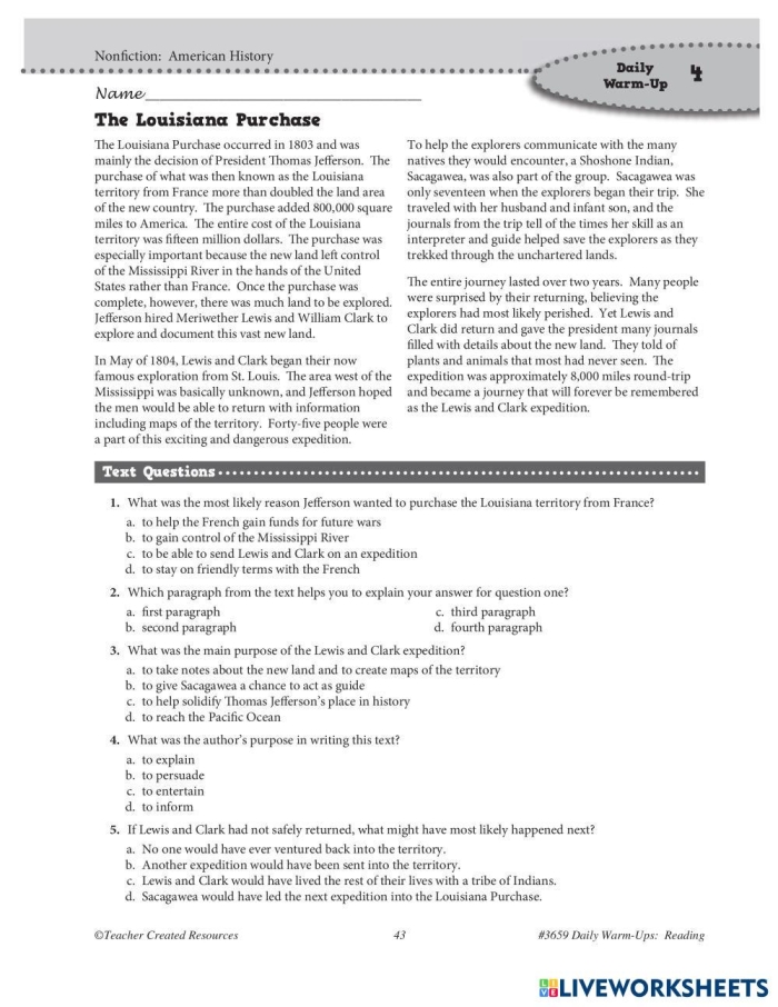 Worksheet illustrating the Louisiana Purchase and its impact on U.S. expansion for fourth graders