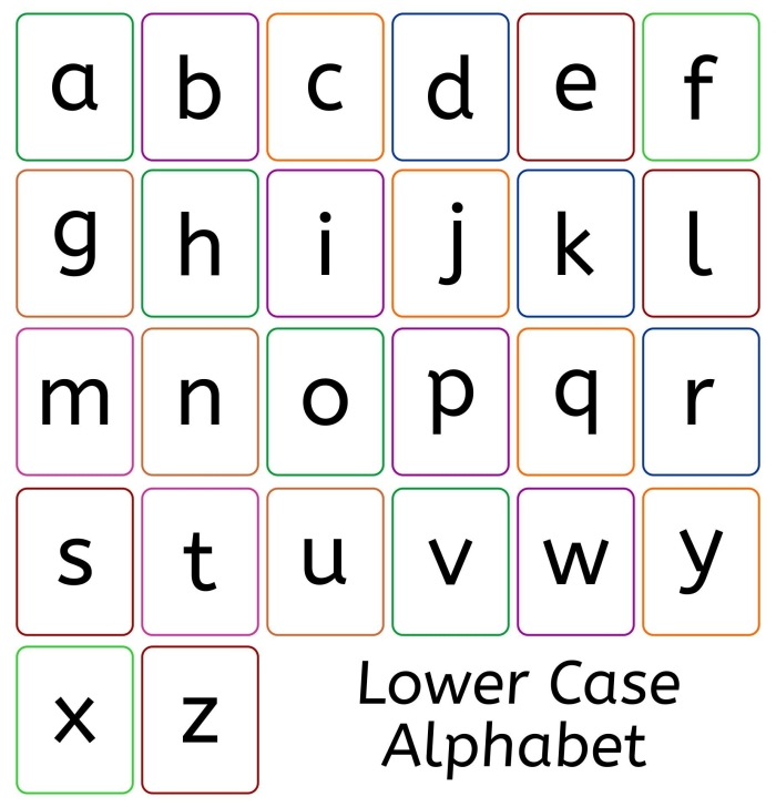 Lowercase letter flashcards a-z worksheet image 18 for beginning readers Colorful lowercase alphabet flash cards featuring letters a through z with friendly illustrations for preschool letter recognition practice