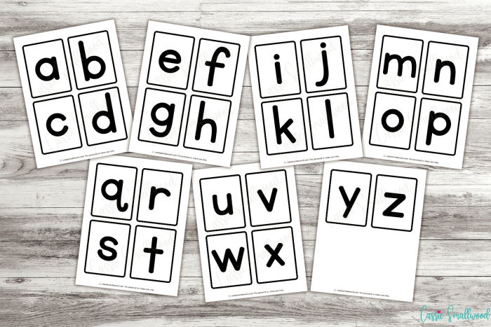 Pre-K friendly letter cards displaying the complete lowercase alphabet for building foundational reading skills Colorful lowercase alphabet flash cards from a to z for early learners to practice letter recognition