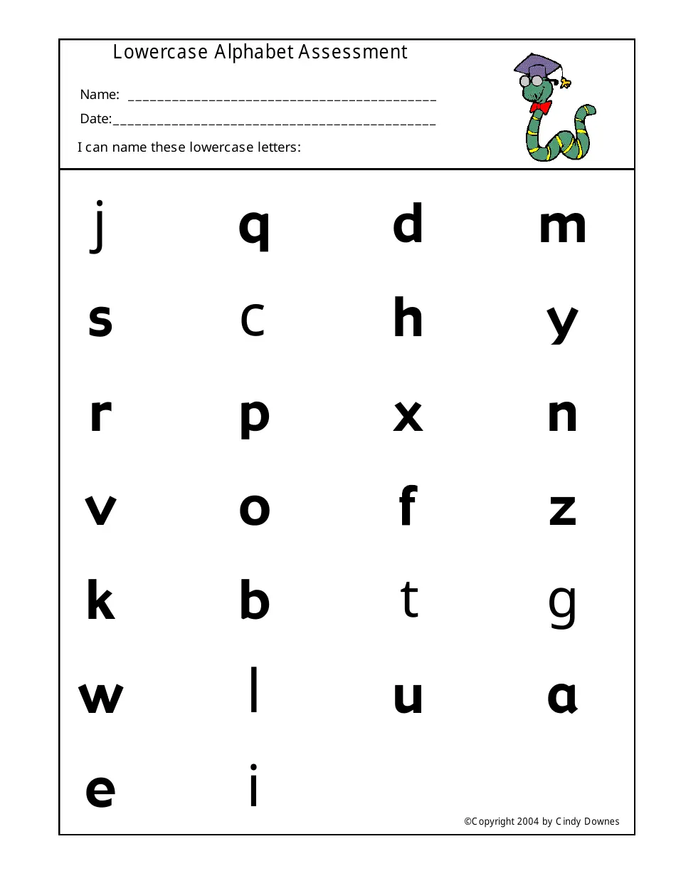 Kindergarten student identifying lowercase letters on a phonics assessment worksheet
