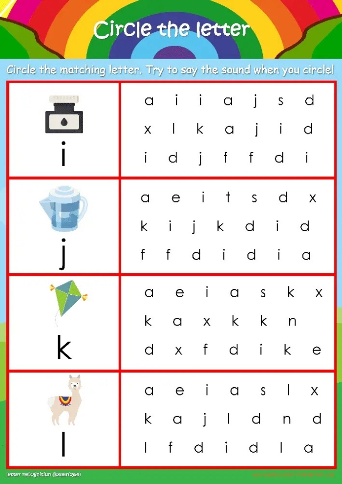 Kindergarten student completing a phonics worksheet for lowercase letter recognition