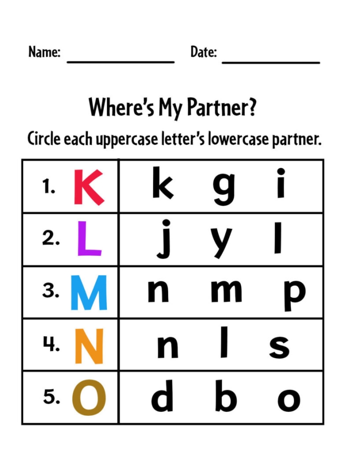 Kindergarten student completing a phonics worksheet for lowercase letter recognition