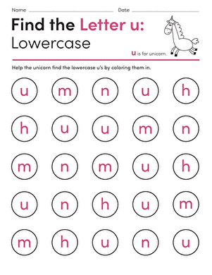 Fun worksheet for Pre-K learners to identify lowercase u's with a unicorn theme Lowercase u recognition worksheet featuring a playful unicorn searching for the letter u