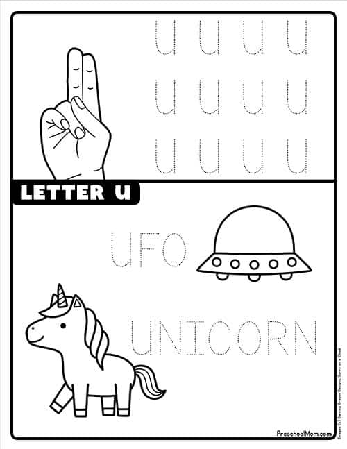 Find the letter u with this fun worksheet for Pre-K learners! Lowercase u recognition worksheet featuring a unicorn searching for u's
