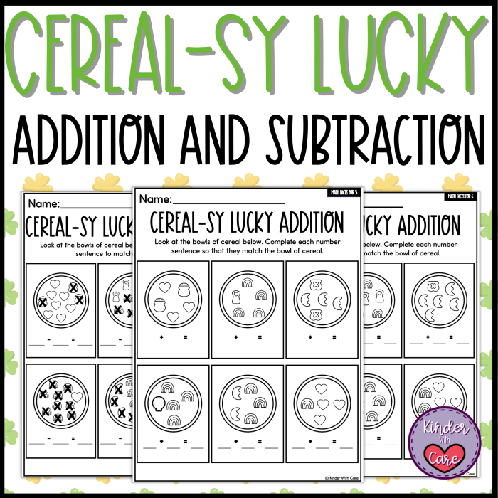 Kindergarten student completing a lucky subtraction worksheet with St. Patricks Day themes