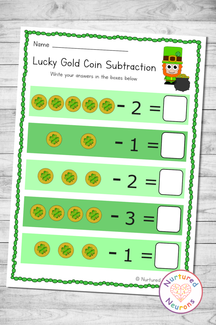 A kindergartner solving a St. Patrick's Day themed math problem on a Lucky Subtraction worksheet