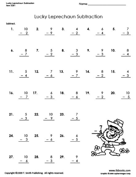 Lucky Subtraction worksheet featuring fun St. Patty's Day themed illustrations for kindergarten students