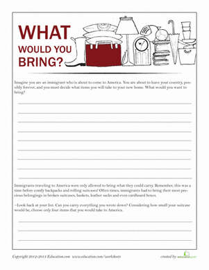 Fifth grade students examine historical baggage items on an Ellis Island worksheet