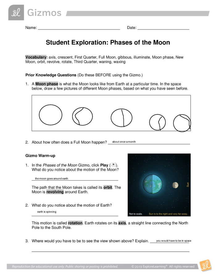 Sixth grade students completing an Earth-Sun-Moon system worksheet about lunar phases