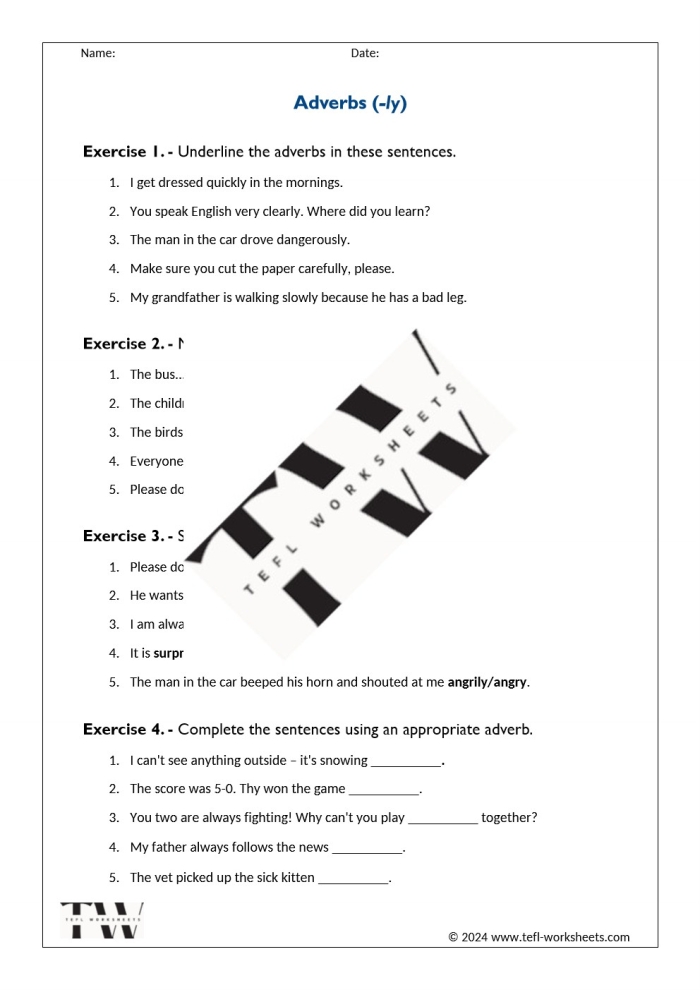 Fourth-grade -ly adverbs worksheet focusing on sentence transformation and subtraction skills Worksheet for practicing -ly adverbs by converting adjectives and using them in sentences