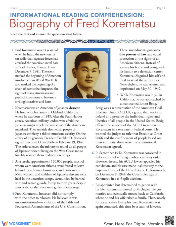 Informational Reading Comprehension Biography of Mabel Ping-Hua Lee Worksheet 7 Sixth grade reading comprehension worksheet featuring a biography of Chinese-American suffragist Dr. Mabel Ping-Hua Lee