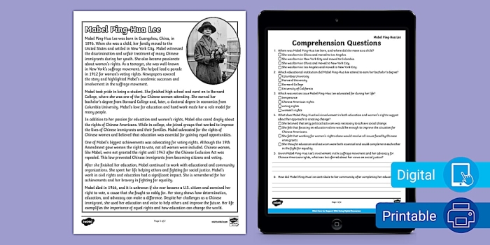Mabel Ping-Hua Lee Biography Comprehension Exercise for Middle School Students Sixth grade reading comprehension worksheet about Mabel Ping-Hua Lee, a Chinese-American suffragist and activist from the early 1900s