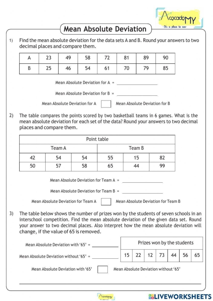 Sixth grade worksheet for calculating mean absolute deviation of fraction data sets