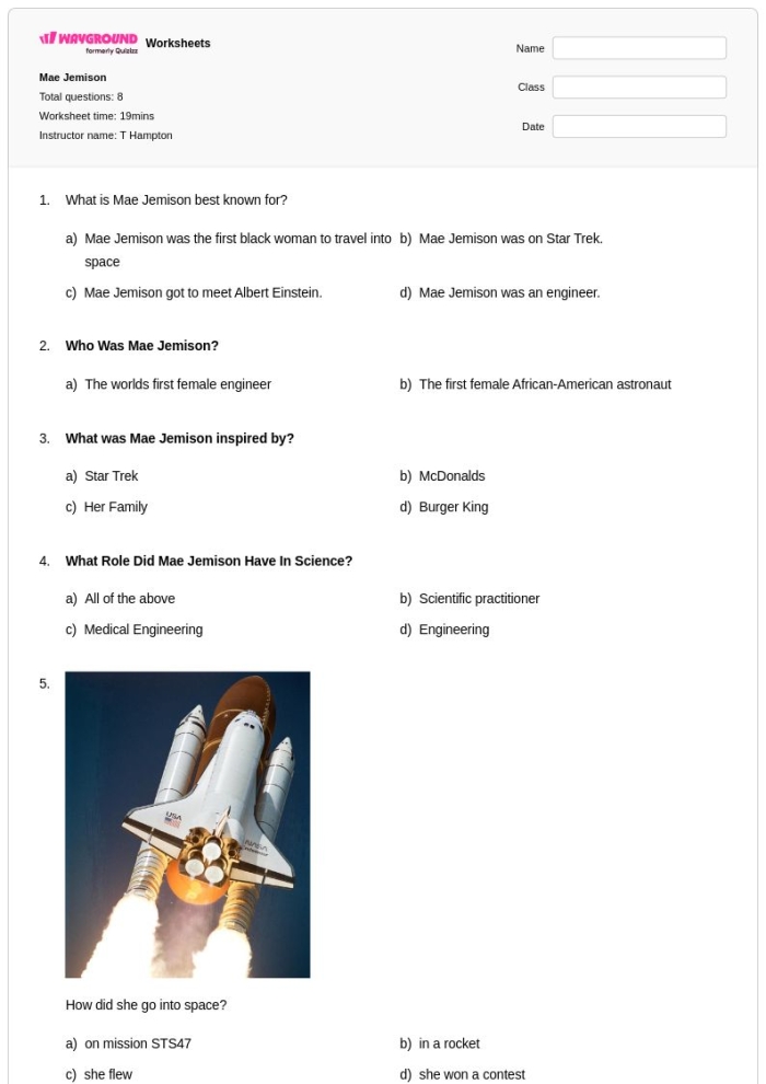 Worksheet featuring questions about Mae Jemison's biography for second graders