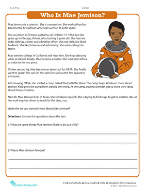 Worksheet featuring a biography of Dr. Mae Jemison for second graders