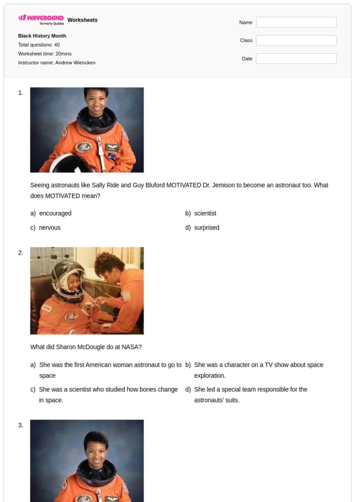 Image of a worksheet featuring Dr. Mae Jemison's biography for second graders