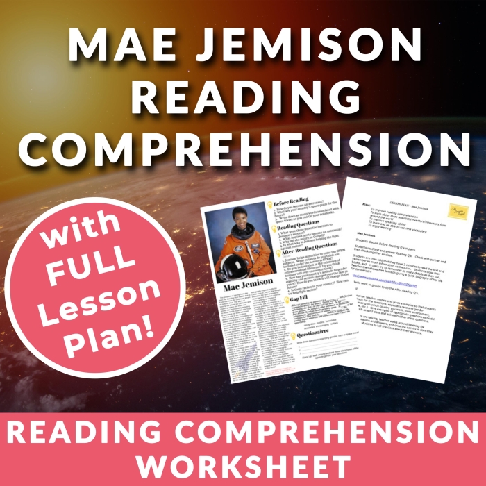 Astronaut Mae Jemison featured in a fractions comprehension worksheet for fourth graders