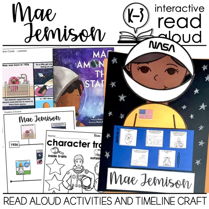 Illustration of Dr. Mae Jemison in her space shuttle uniform with Earth visible through the window behind her