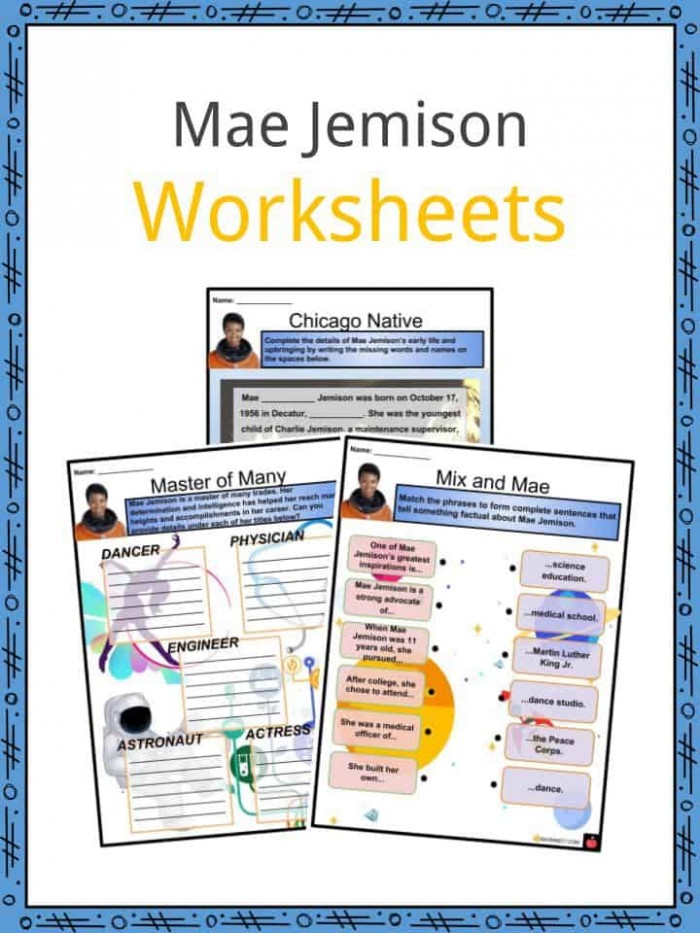 Illustrated reader worksheet featuring a colorful drawing of astronaut Mae Jemison for young students