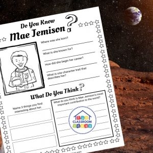 Illustration of Dr. Mae Jemison in her space suit with stars and a spacecraft in the background for the All About Mae Jemison Reader worksheet