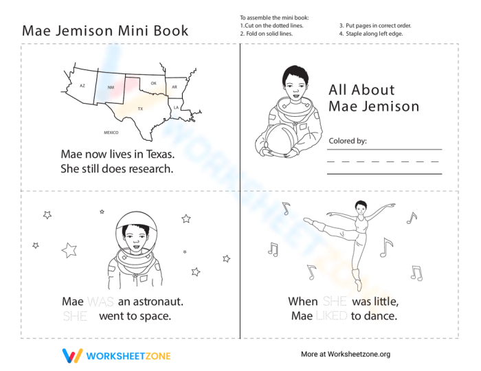 Mae Jemison Mini Book worksheet activity 17 showing tracing and coloring pages for preschool learners about the astronaut and scientist