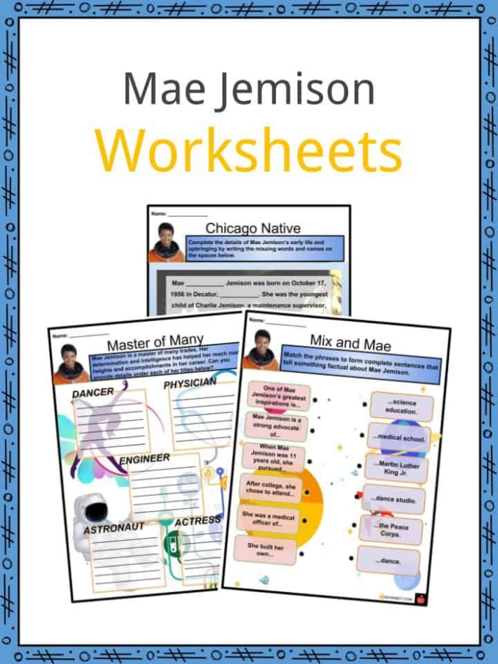 Mae Jemison Mini Book worksheet activity for Pre-K students with tracing and coloring exercises about the astronaut and scientist
