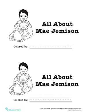 Kindergarten student reading an All About Mae Jemison worksheet with a space theme illustration
