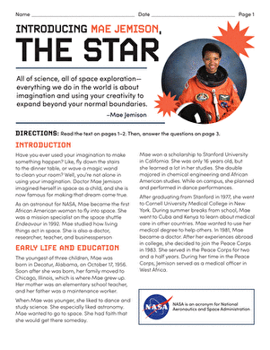 Mae Jemison reading activity page for elementary science and language arts Third grade reading comprehension worksheet featuring a biography of Mae Jemison with grammar exercises
