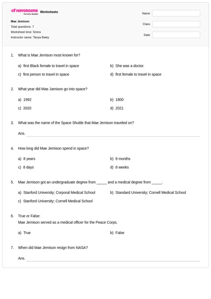 Second grade civics worksheet featuring a biography reading passage and comprehension questions about Dr. Mae Jemison