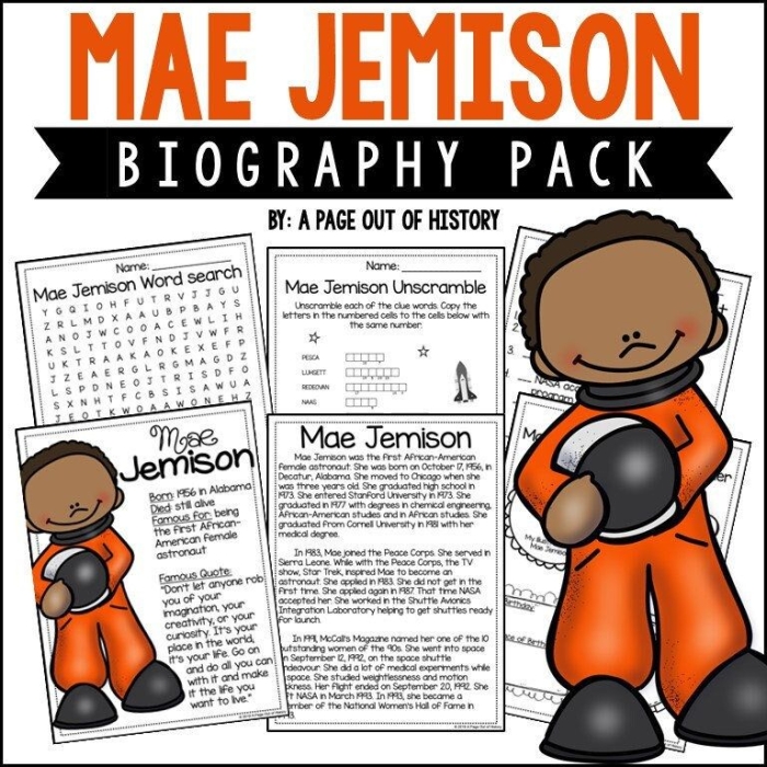 Second grade civics worksheet featuring a biography reading comprehension activity about Dr. Mae Jemison